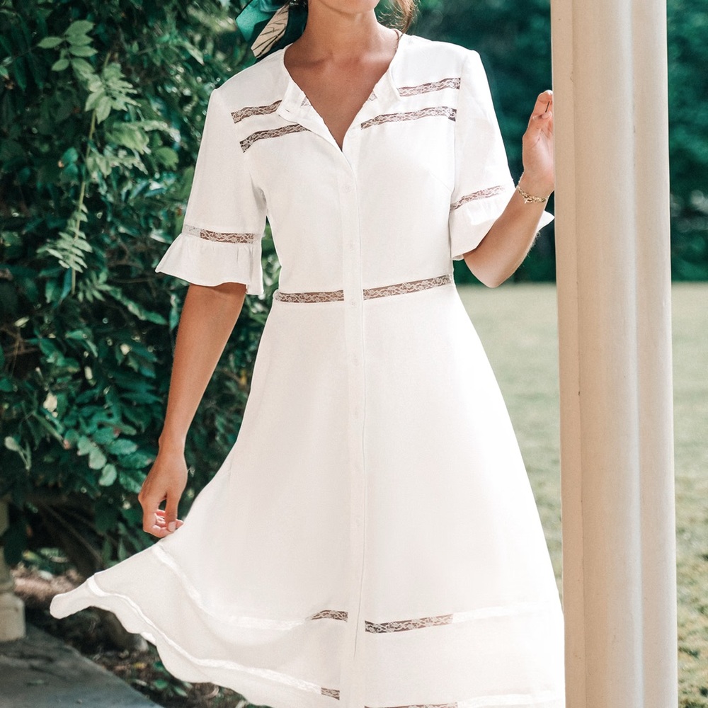 White Front Button Lace Midi Dress, Size M, NWT
